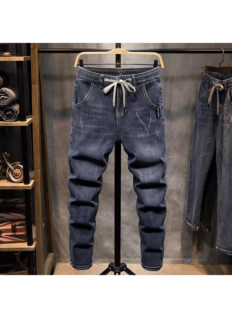 2024 New Mens Elastic Waist Jeans Straight Leg Spring Autumn Drawstring Slim Fit blue gray