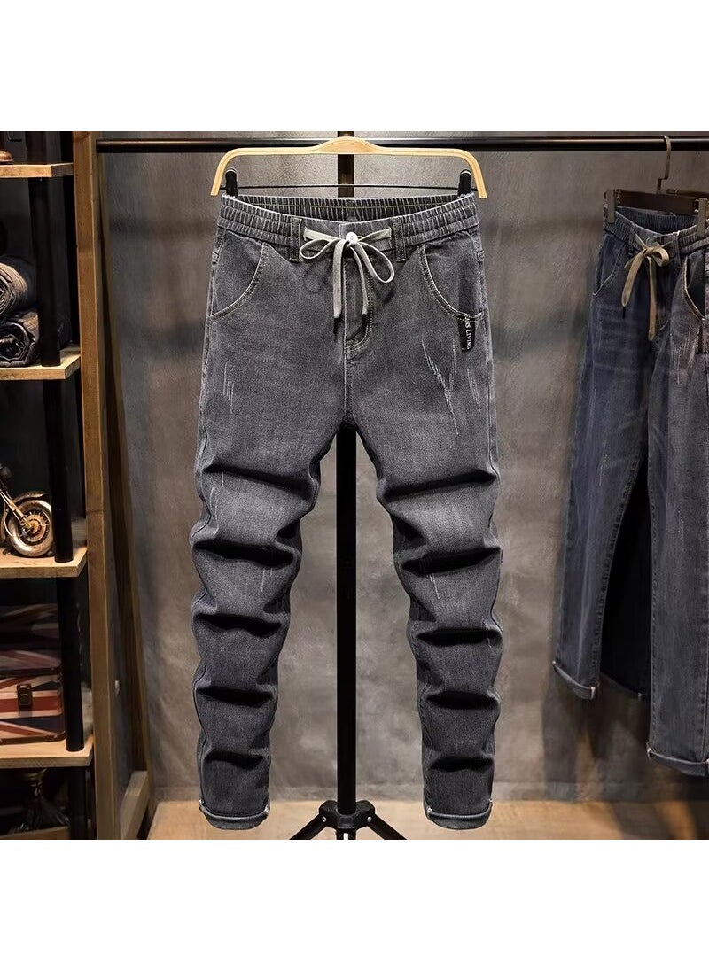 2024 New Mens Elastic Waist Jeans Straight Leg Spring Autumn Drawstring Slim Fit black gray