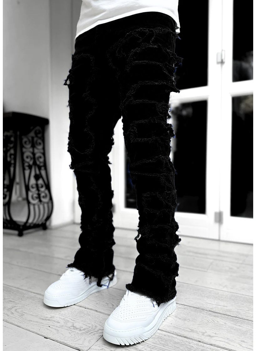 Fashion Elastic Tassel Mens Straight Denim Pants Black