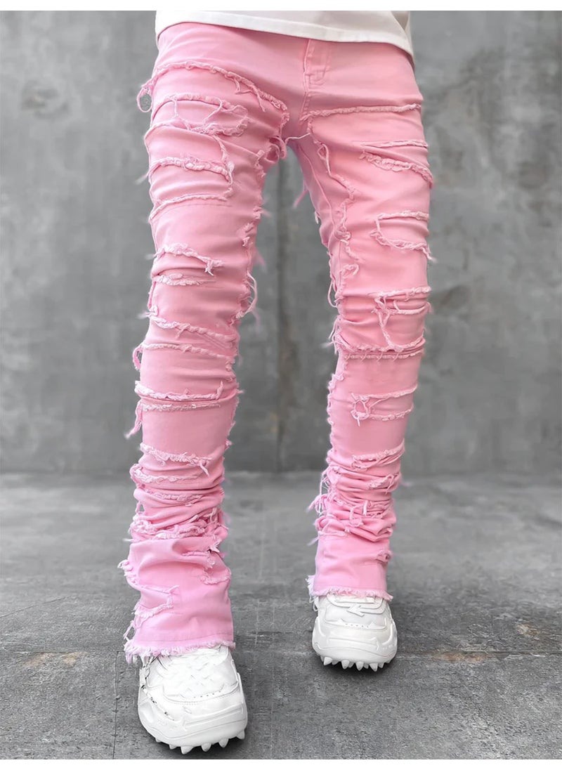 Fashion Elastic Tassel Mens Straight Denim Pants Black