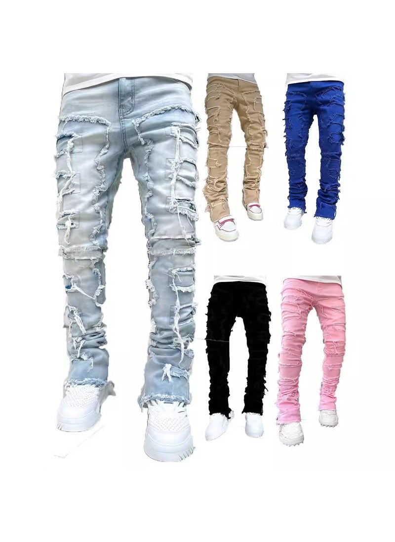 Fashion Elastic Tassel Mens Straight Denim Pants Light blue