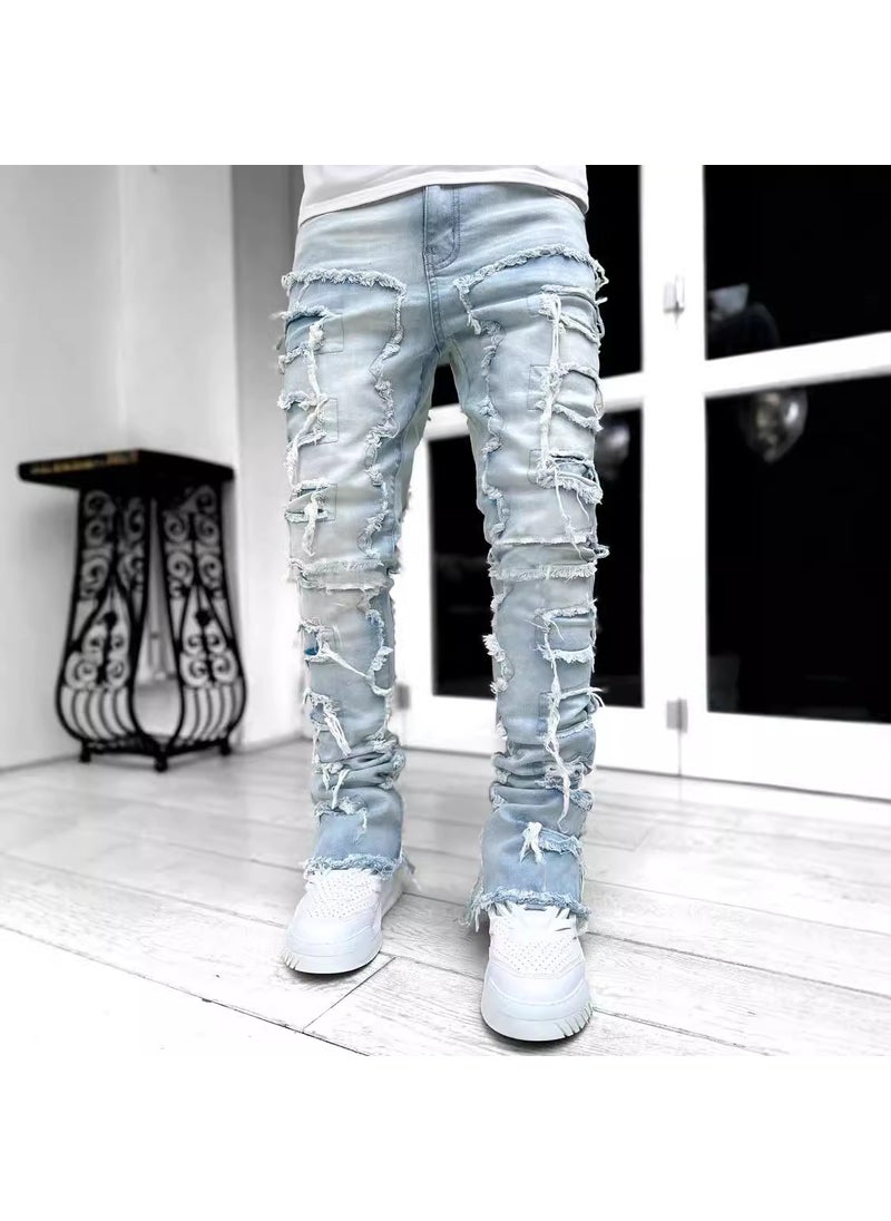 Fashion Elastic Tassel Mens Straight Denim Pants Light blue