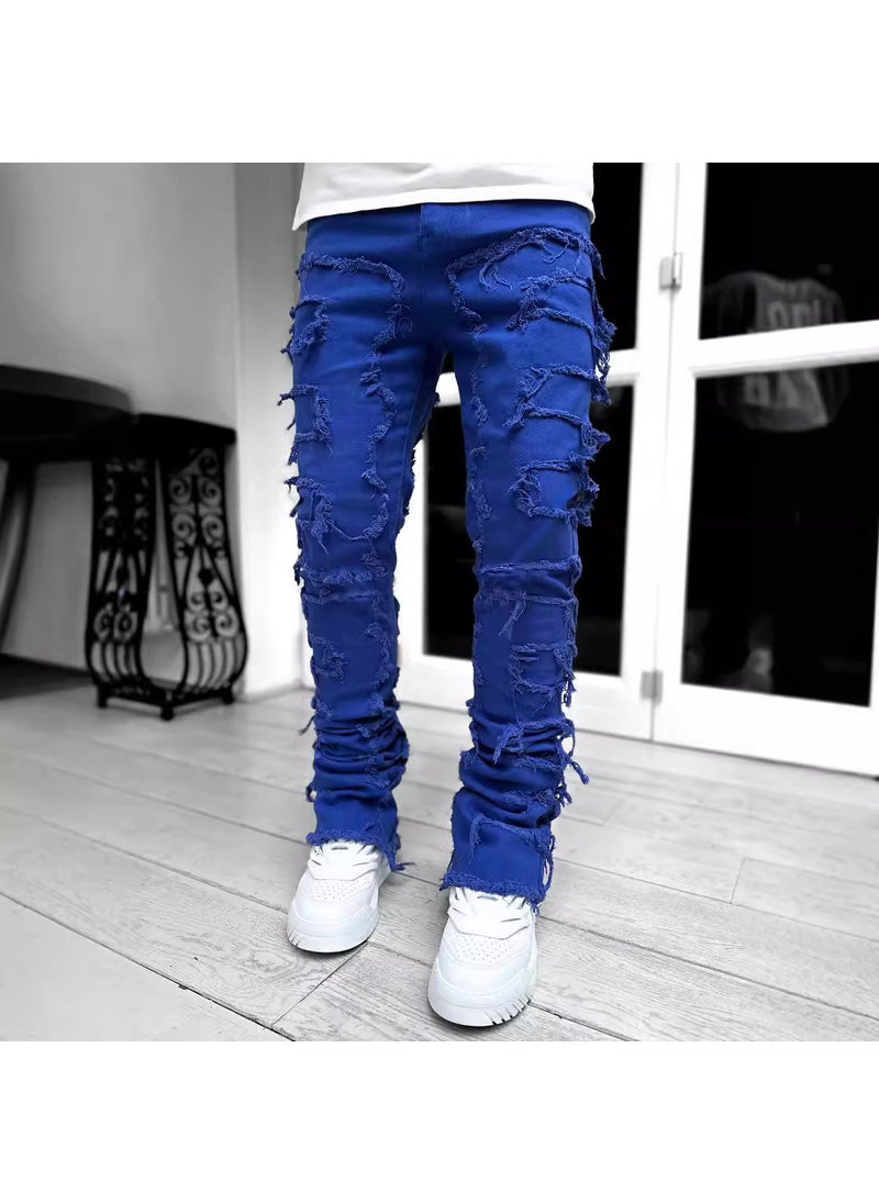 Fashion Elastic Tassel Mens Straight Denim Pants Pink