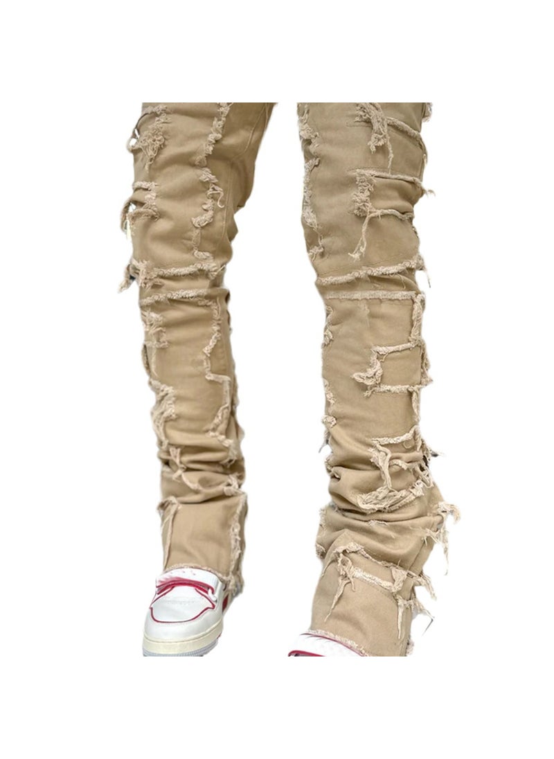 Fashion Elastic Tassel Mens Straight Denim Pants Pink