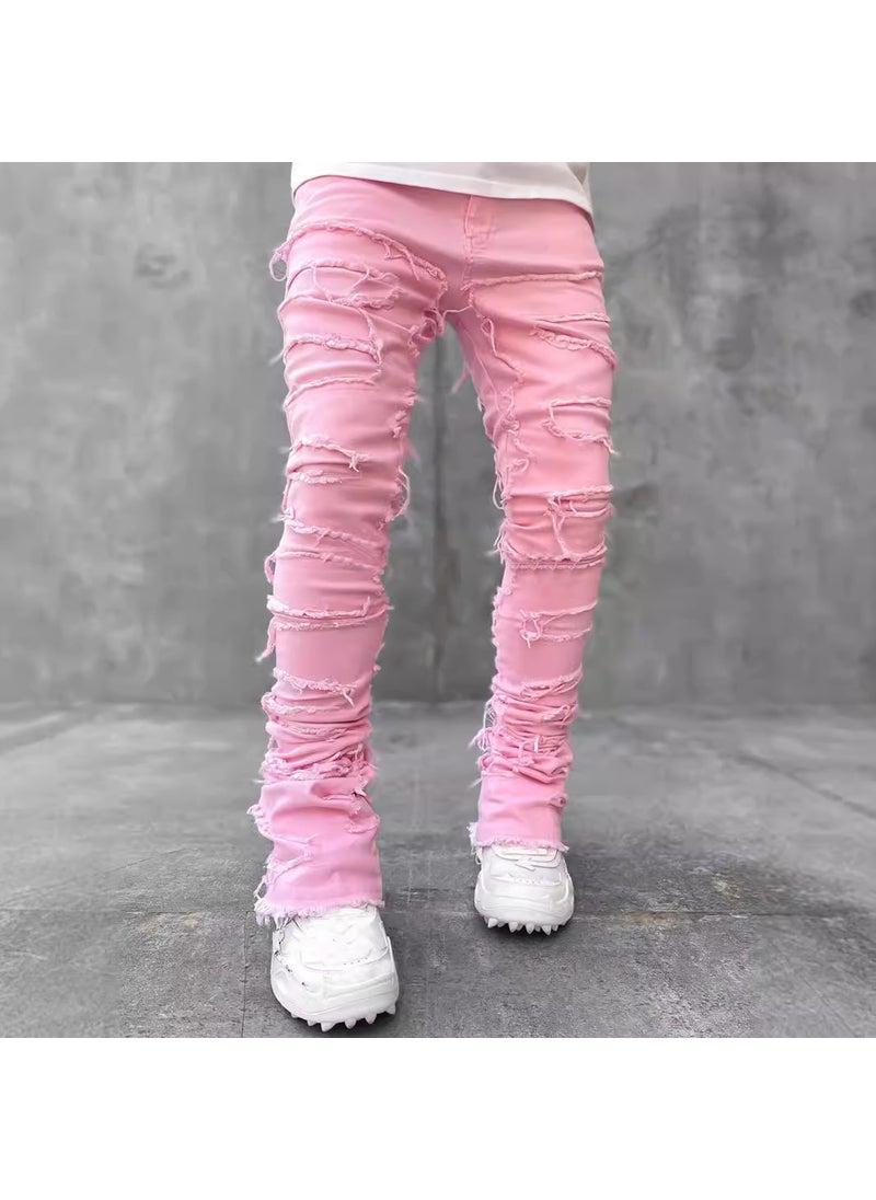 Fashion Elastic Tassel Mens Straight Denim Pants Pink