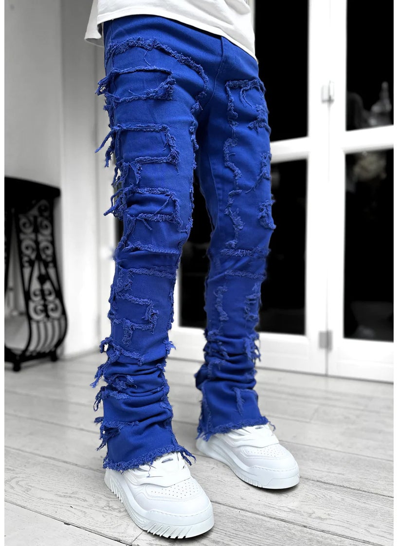 Fashion Elastic Tassel Mens Straight Denim Pants Blue