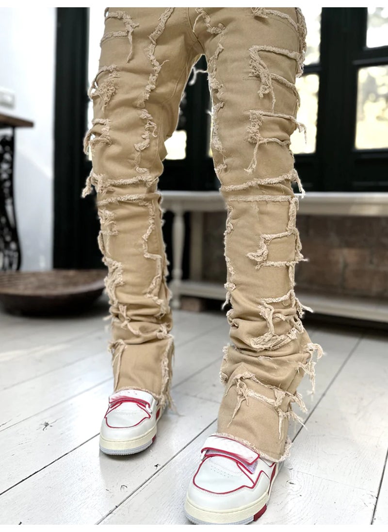 Fashion Elastic Tassel Mens Straight Denim Pants Khaki