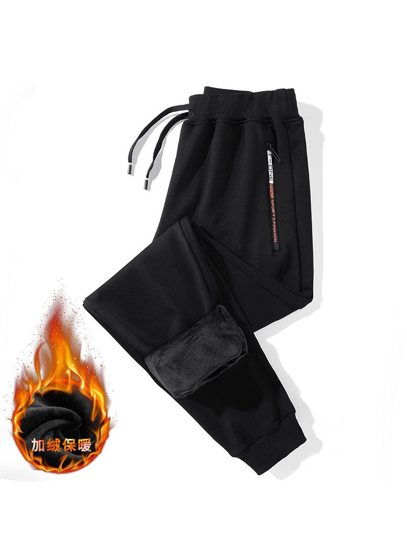 Mens Thick Warm Fleece Sweatpants Casual Plus Size Black (drawstring)