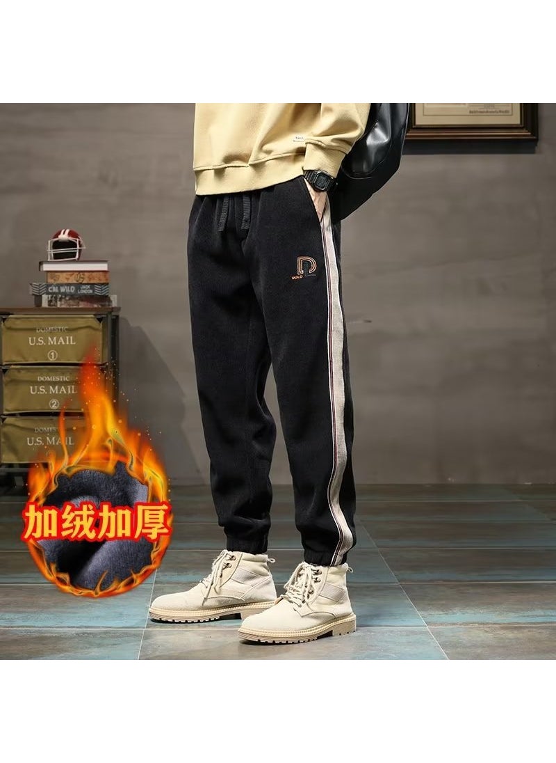 2024 Mens Warm Casual Pants Autumn Winter Thick Velvet Loose Trendy Sport Sweatpants velvet black