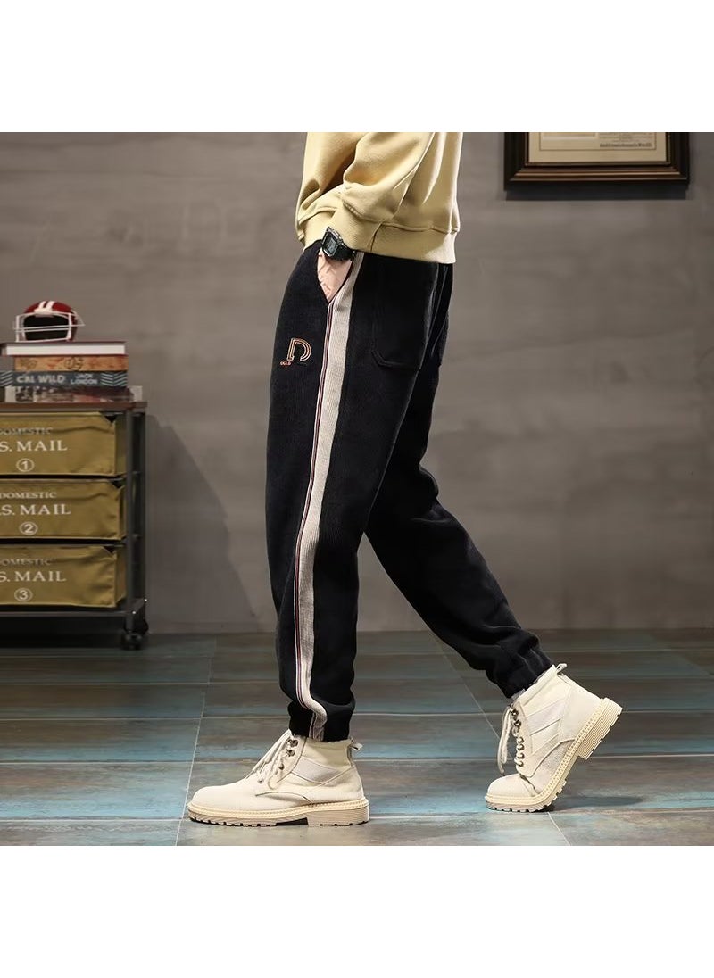 2024 Mens Warm Casual Pants Autumn Winter Thick Velvet Loose Trendy Sport Sweatpants Black