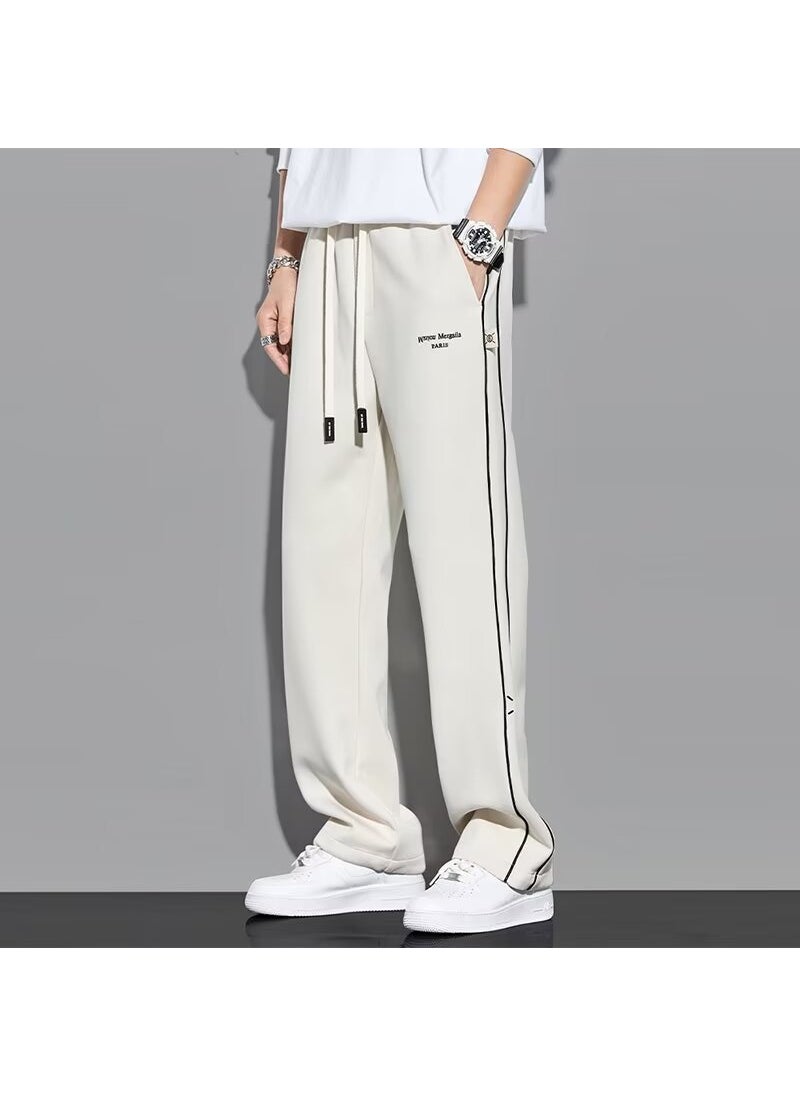 Mens Heavyweight Cotton Knit Sweatpants Striped Casual Trousers Apricot