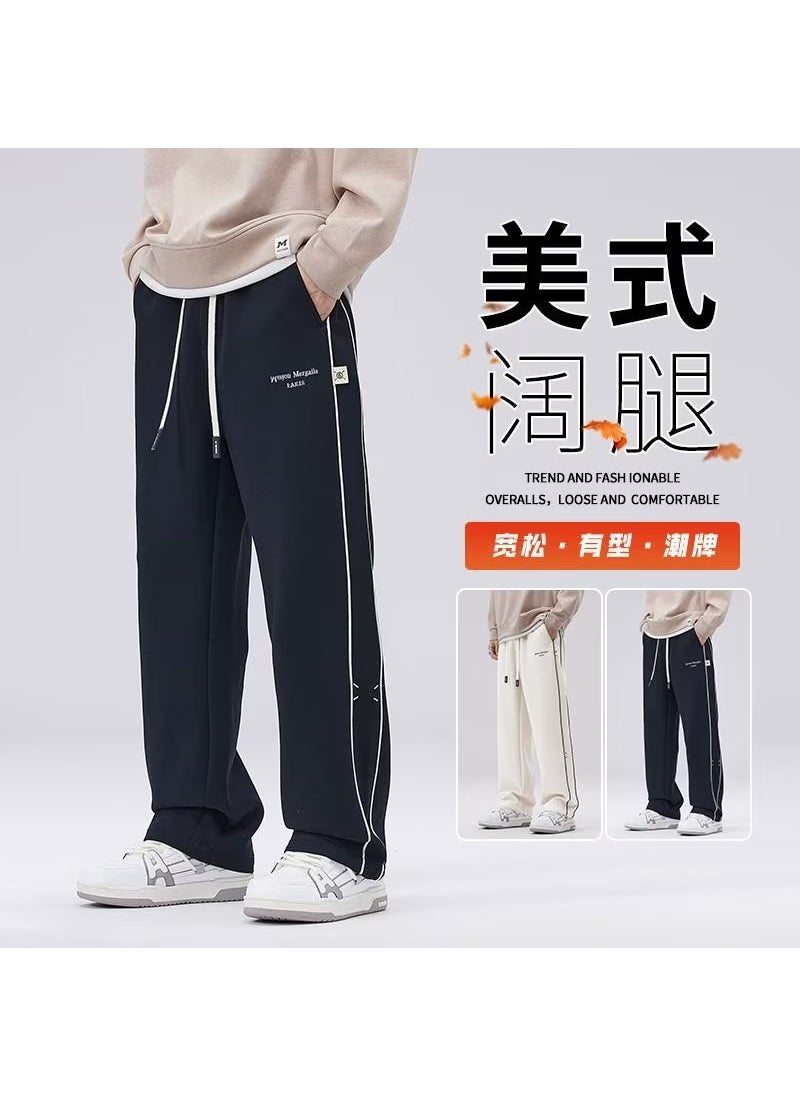 Trendy American Side Striped Sweatpants Casual Oversized Apricot