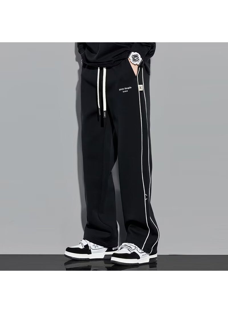 Mens Heavyweight Cotton Knit Sweatpants Striped Casual Trousers Black