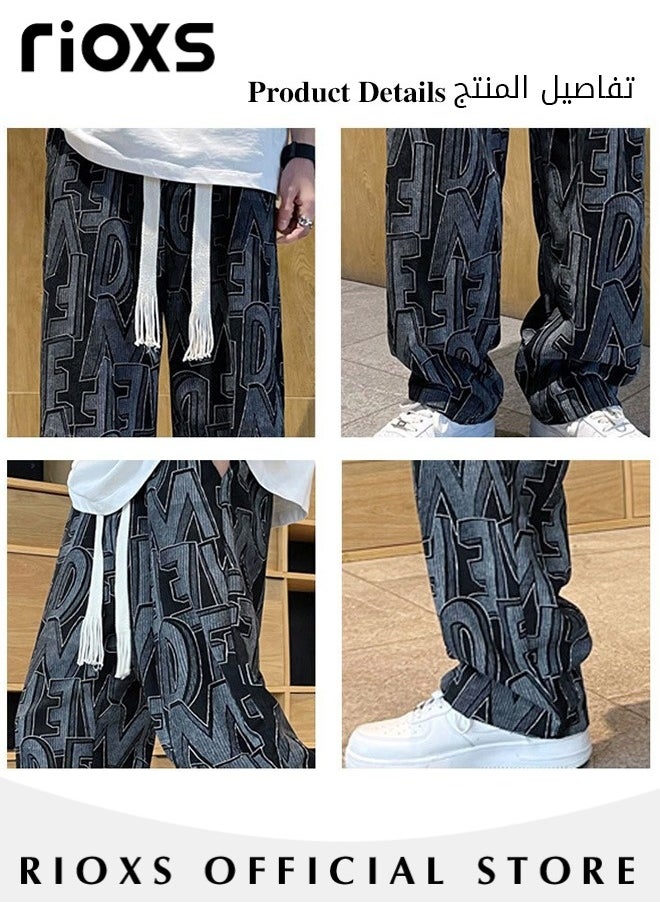 Men's Casual Pants,Printed Wide Leg Trousers For Men,Drawstring Elastic High Waist Pants,Streetwear Mopping Trousers,Loose Breathable Pants with Pockets