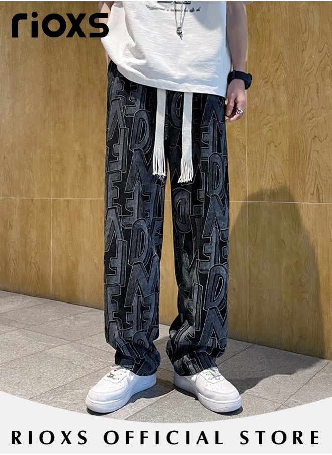 Men's Casual Pants,Printed Wide Leg Trousers For Men,Drawstring Elastic High Waist Pants,Streetwear Mopping Trousers,Loose Breathable Pants with Pockets