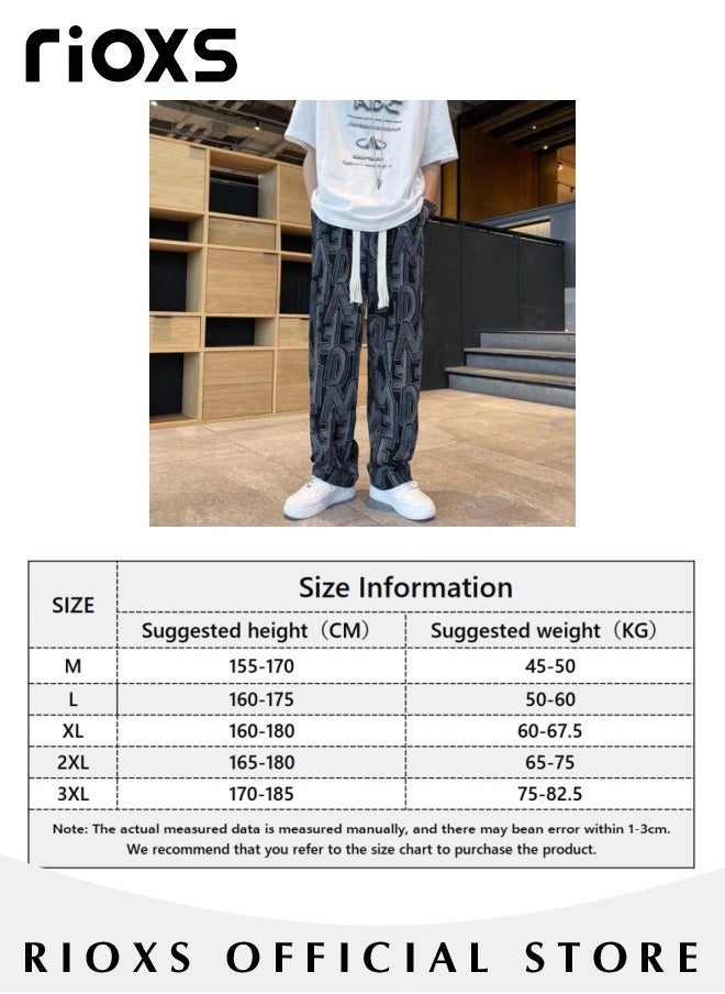 Men's Casual Pants,Printed Wide Leg Trousers For Men,Drawstring Elastic High Waist Pants,Streetwear Mopping Trousers,Loose Breathable Pants with Pockets