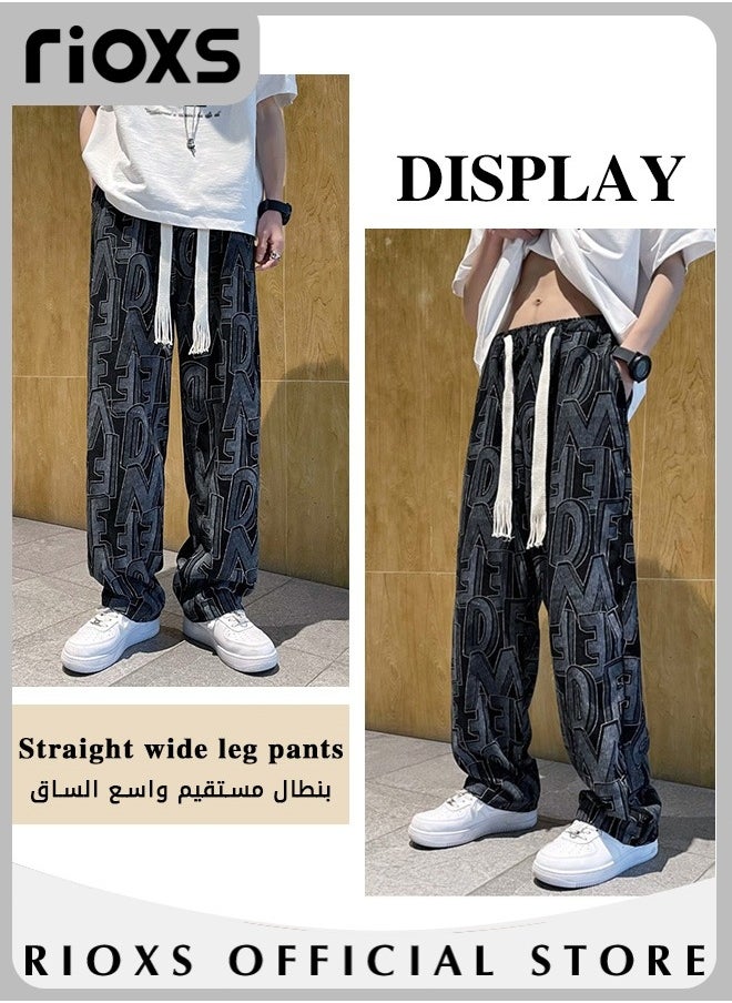 Men's Casual Pants,Printed Wide Leg Trousers For Men,Drawstring Elastic High Waist Pants,Streetwear Mopping Trousers,Loose Breathable Pants with Pockets