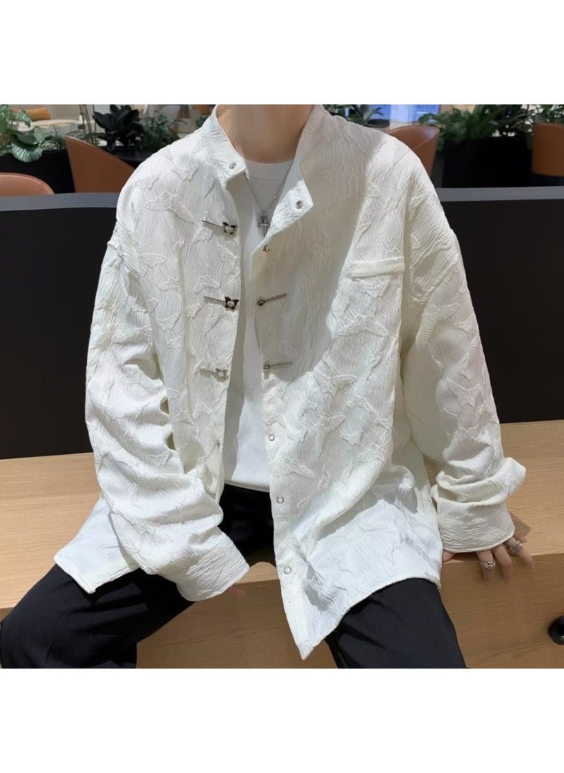 Retro Chinese Style Butterfly Clasp Shirt for Men White