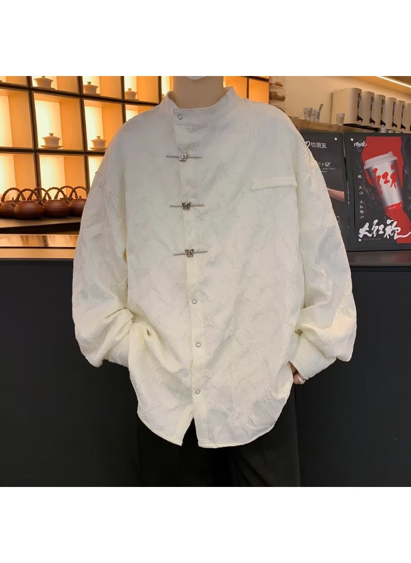 Retro Chinese Style Butterfly Clasp Shirt for Men White