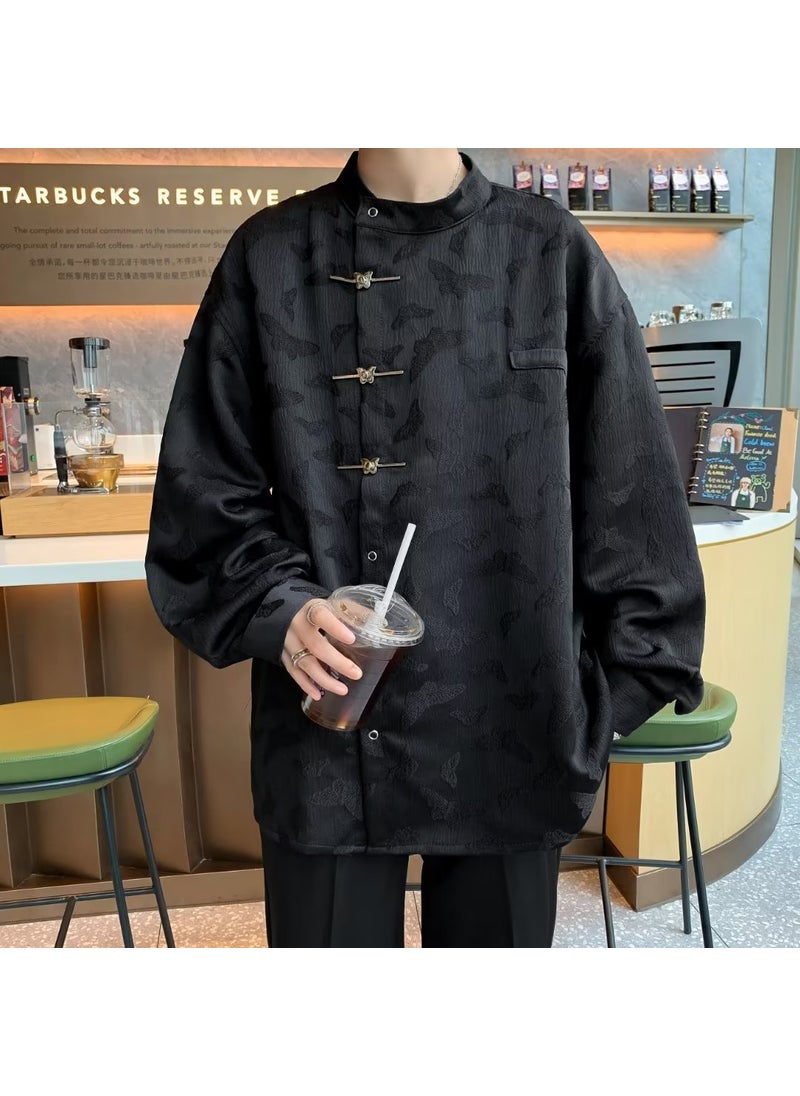 Retro Chinese Style Butterfly Clasp Shirt for Men Black