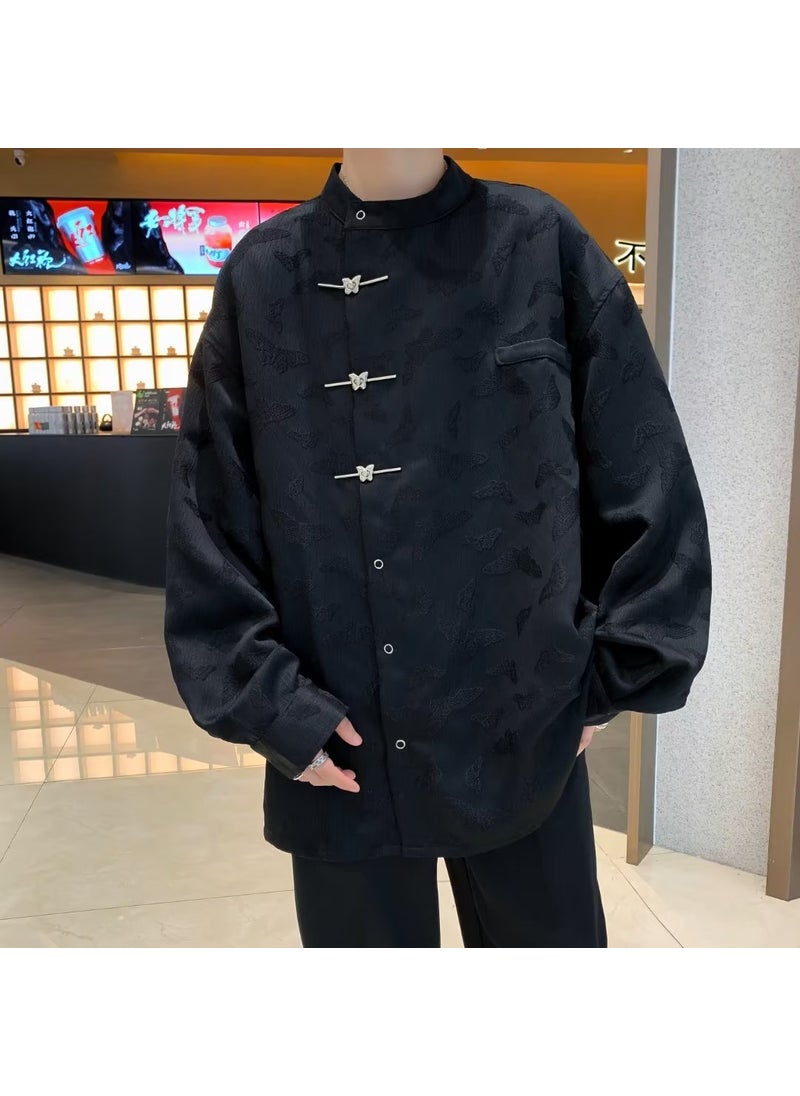Retro Chinese Style Butterfly Clasp Shirt for Men Black
