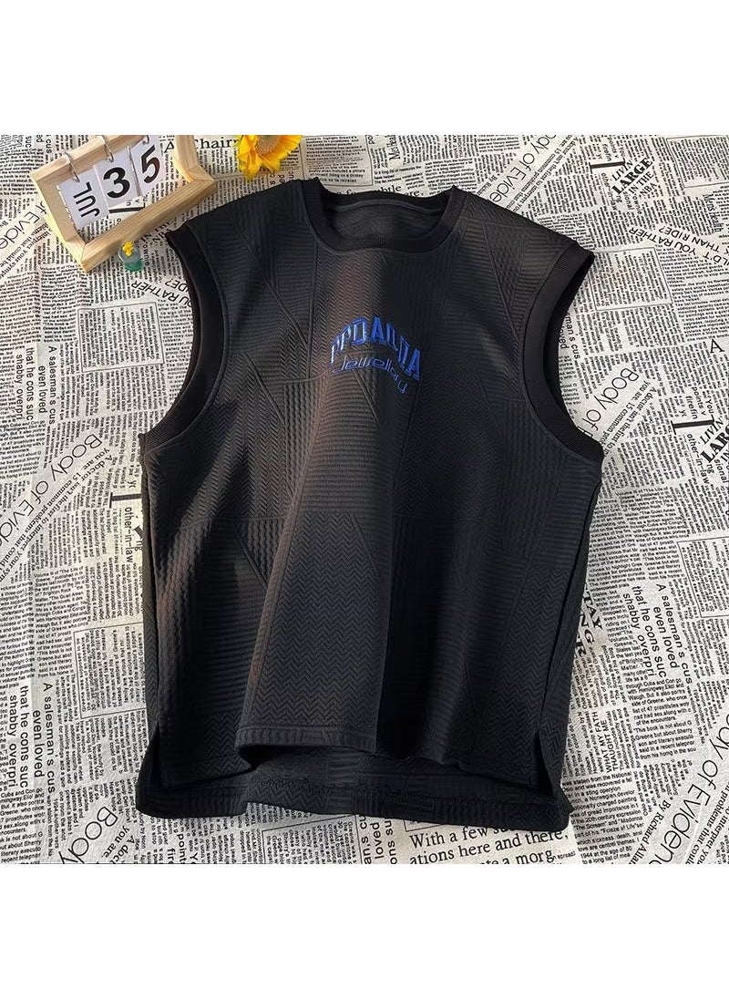 Sleeveless Embroidered Streetwear Tank Top for Men Black