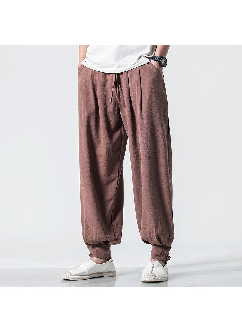 Unisex Cotton Linen Monk Pants Loose Drawstring-free Coffee