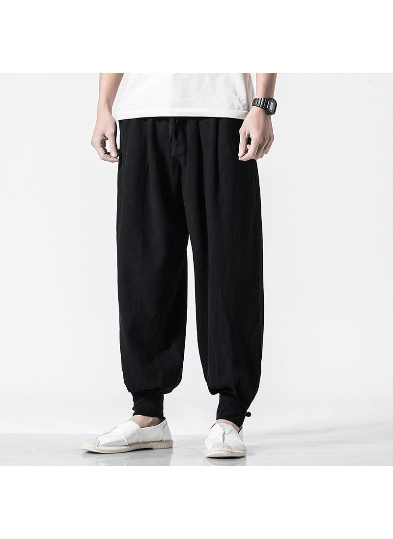 Unisex Cotton Linen Monk Pants Loose Drawstring-free Black