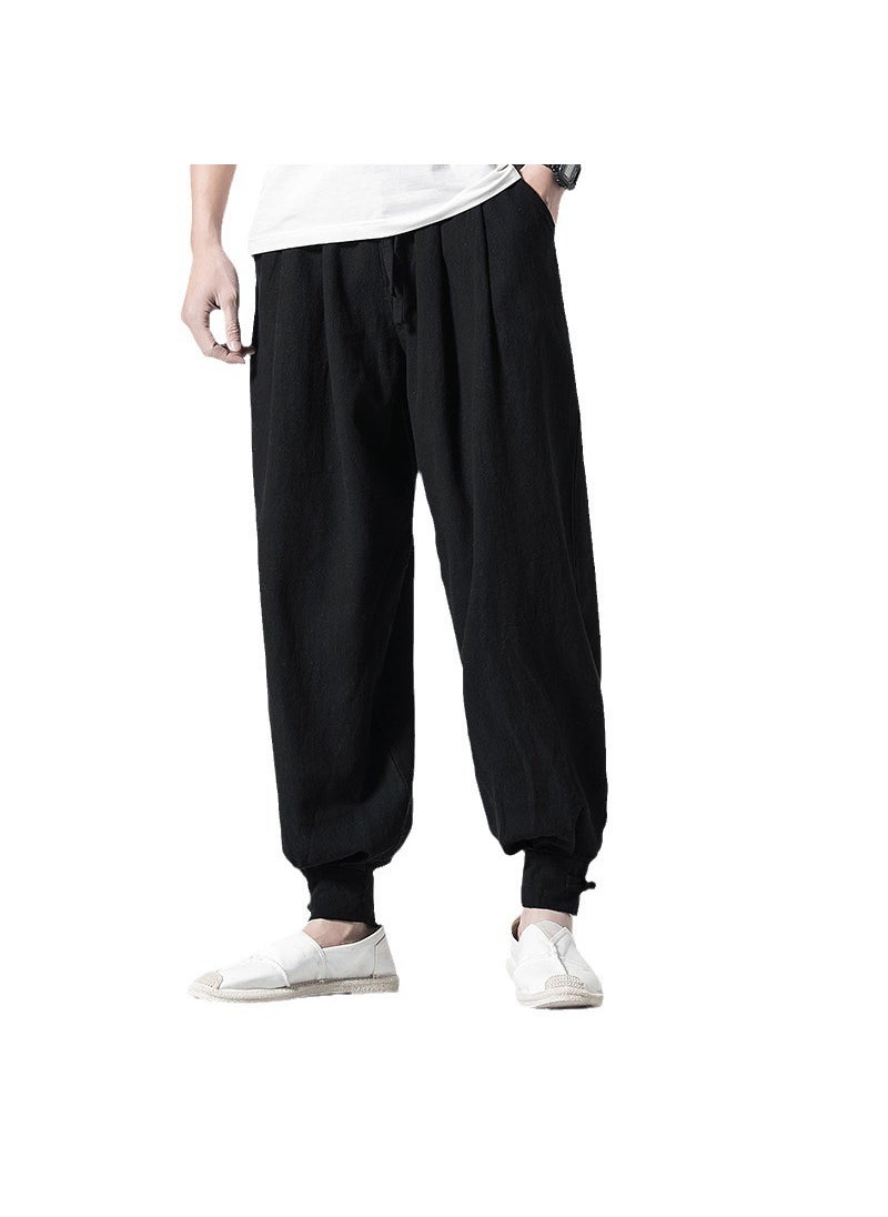 Unisex Cotton Linen Monk Pants Loose Drawstring-free Navy blue