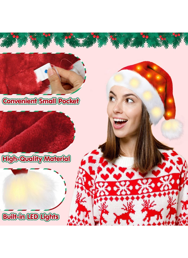 Christmas Santa Hat for Kids Adults Red Velvet Xmas Holiday Hat Touch Soft and Comfortable Thickened Santa Hats for Christmas New Year Holiday Party Supplies (2PCS Warm White LED Hat)