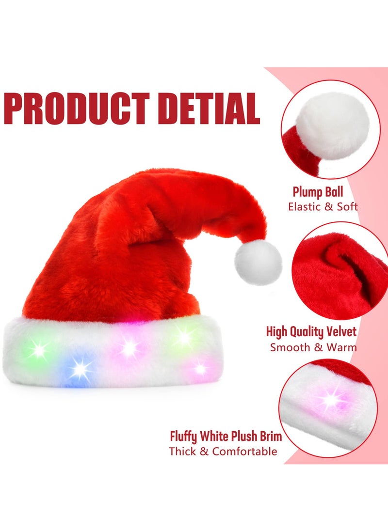 Christmas Santa Hat for Kids Adults Red Velvet Xmas Holiday Hat Touch Soft and Comfortable Thickened Santa Hats for Christmas New Year Holiday Party Supplies (2PCS Colorful LED Hat)