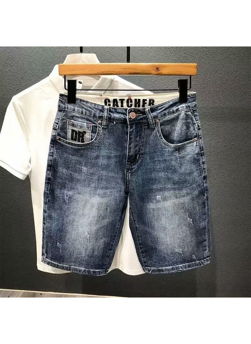 Summer Slim Denim Shorts Mens Stylish Mid-Length Dark blue