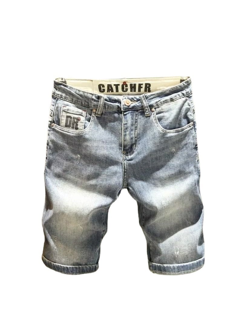 Summer Slim Denim Shorts Mens Stylish Mid-Length Dark blue