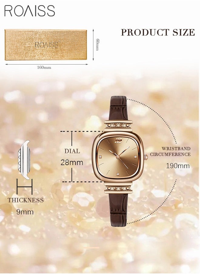 Women's Leather Strap Quartz Watch Analog Display Square Dial with Rhinestones Decoration Waterproof Elegant Watch as Gift for Ladies