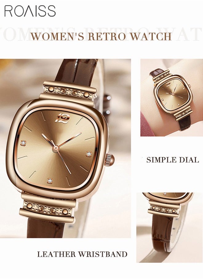 Women's Leather Strap Quartz Watch Analog Display Square Dial with Rhinestones Decoration Waterproof Elegant Watch as Gift for Ladies