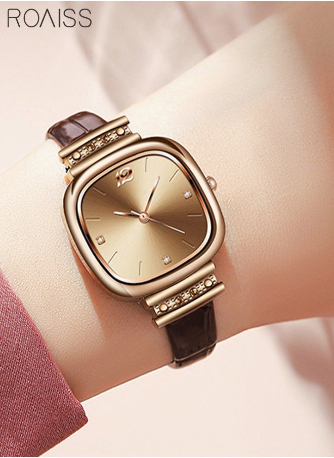 Women's Leather Strap Quartz Watch Analog Display Square Dial with Rhinestones Decoration Waterproof Elegant Watch as Gift for Ladies