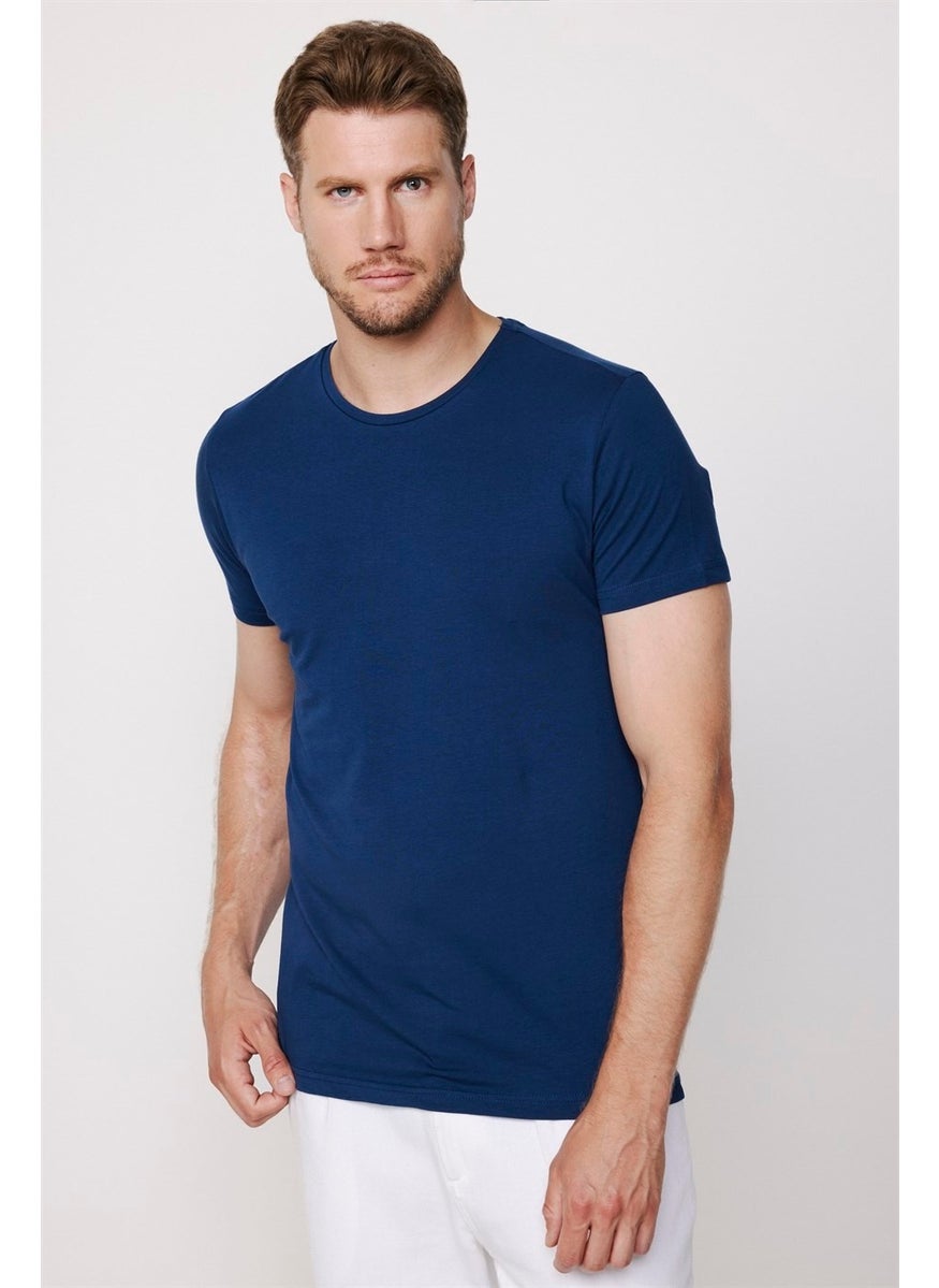 Slim Fit Crew Neck Plain Basic Short Sleeve Navy Blue T-Shirt