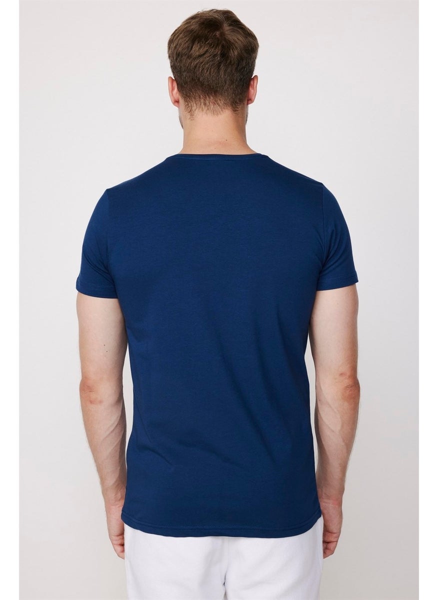 Slim Fit Crew Neck Plain Basic Short Sleeve Navy Blue T-Shirt