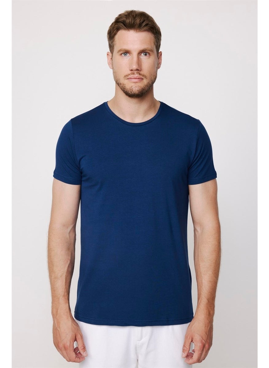 Slim Fit Crew Neck Plain Basic Short Sleeve Navy Blue T-Shirt