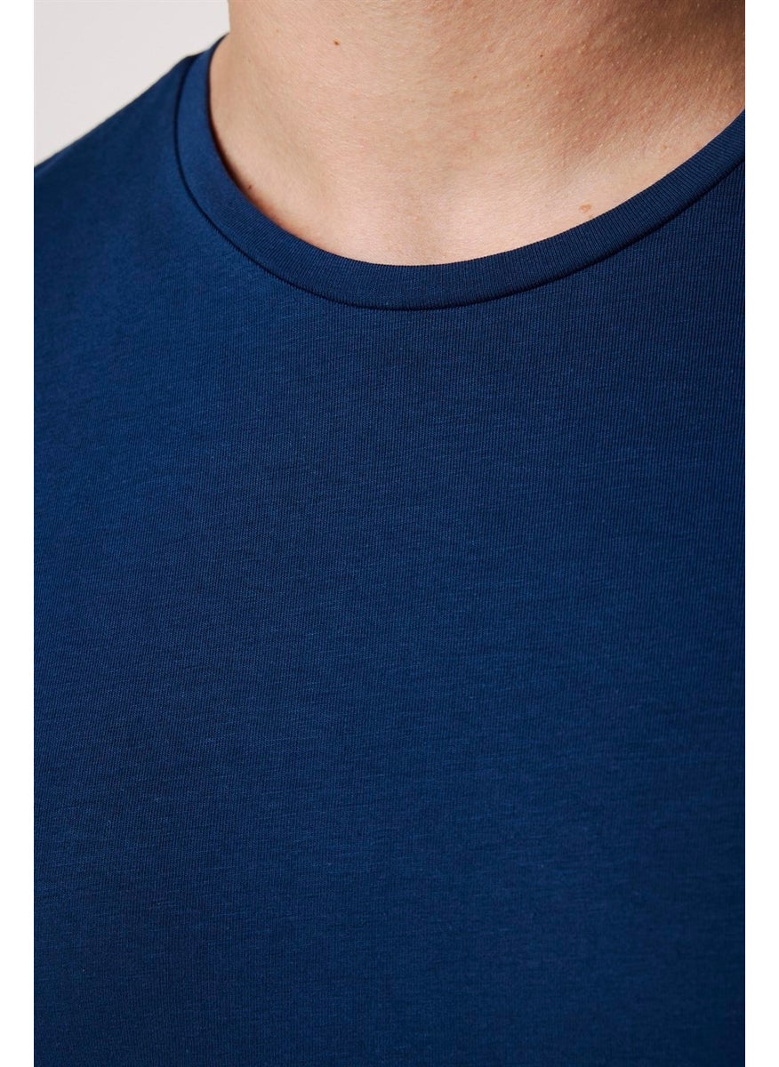 Slim Fit Crew Neck Plain Basic Short Sleeve Navy Blue T-Shirt