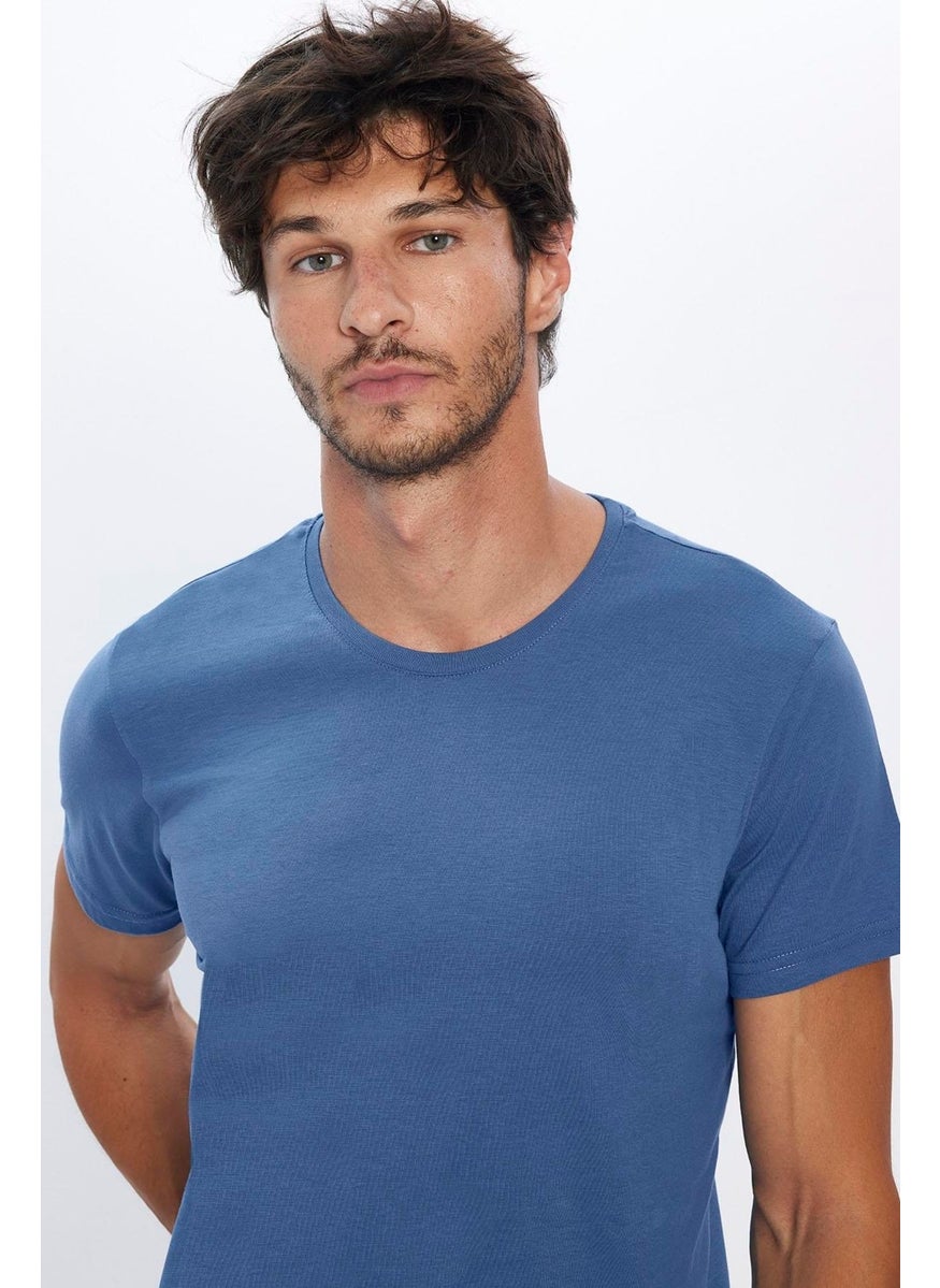 Men's Slim Fit Blue Crew Neck 100% Cotton Slim Cut Basic T-Shirt