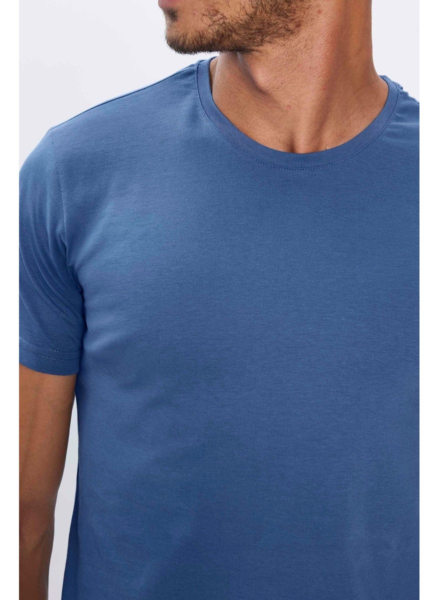 Men's Slim Fit Blue Crew Neck 100% Cotton Slim Cut Basic T-Shirt