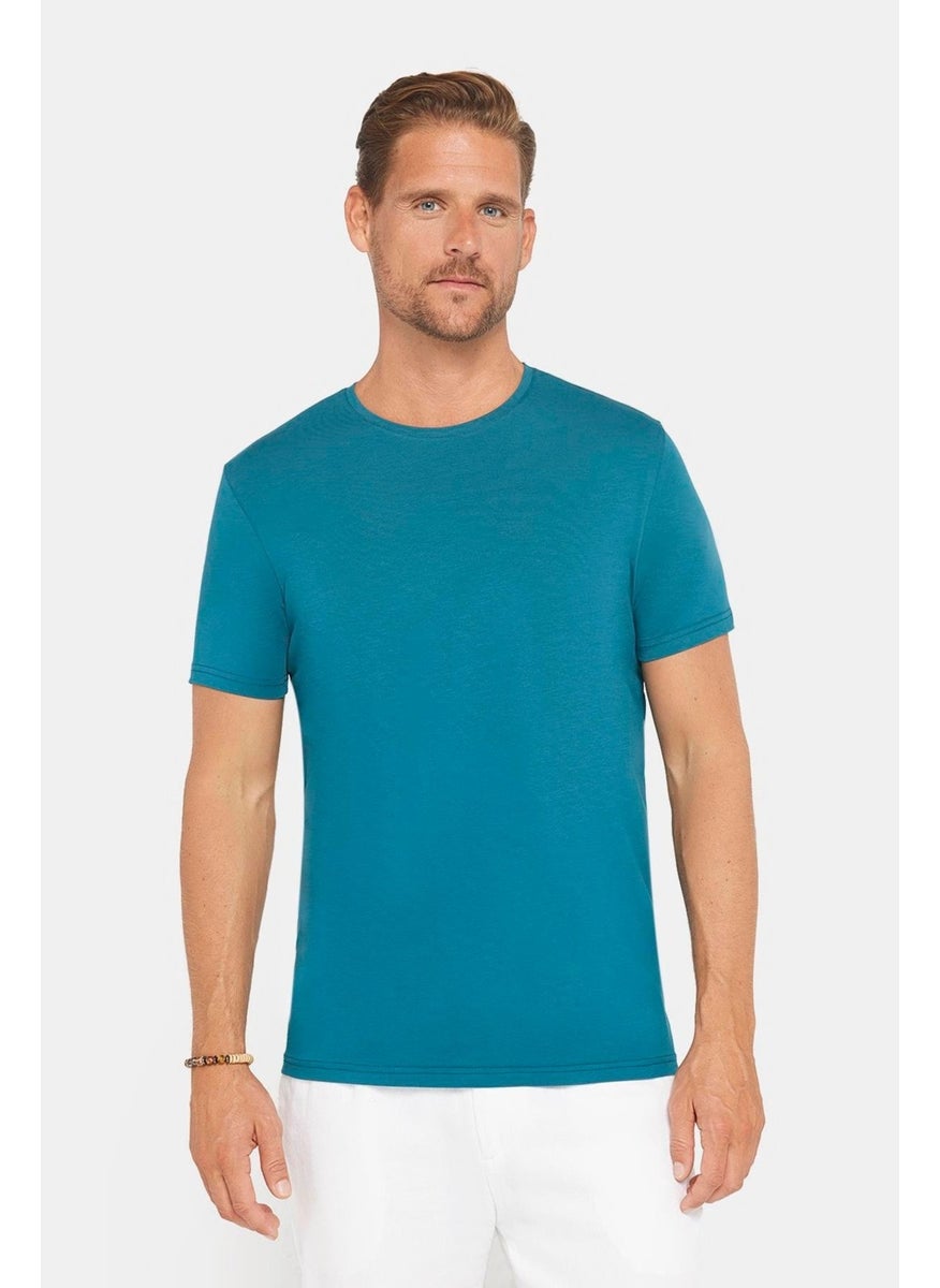 Men's Slim Fit Slim Cut Cotton Soft Texture Flexible Fabric Plain Basic Petrol Crew Neck T-Shirt