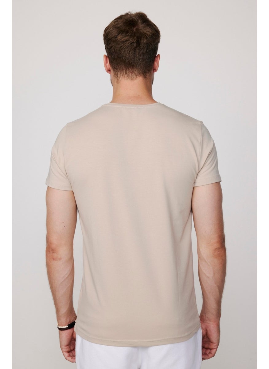 Slim Fit Crew Neck Plain Basic Short Sleeve Stone Color T-Shirt