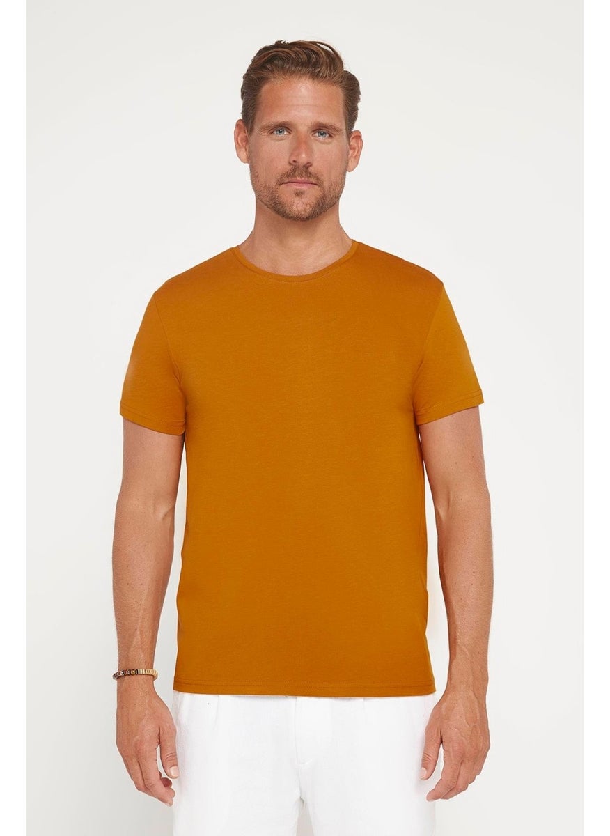 Men's Slim Fit Slim Cut Cotton Soft Texture Flexible Fabric Plain Basic Tan Crew Neck T-Shirt