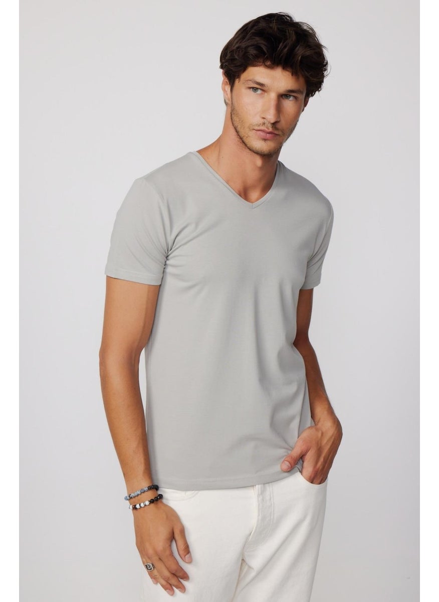 Slim Fit V-Neck Plain Basic Short Sleeve Gray T-Shirt