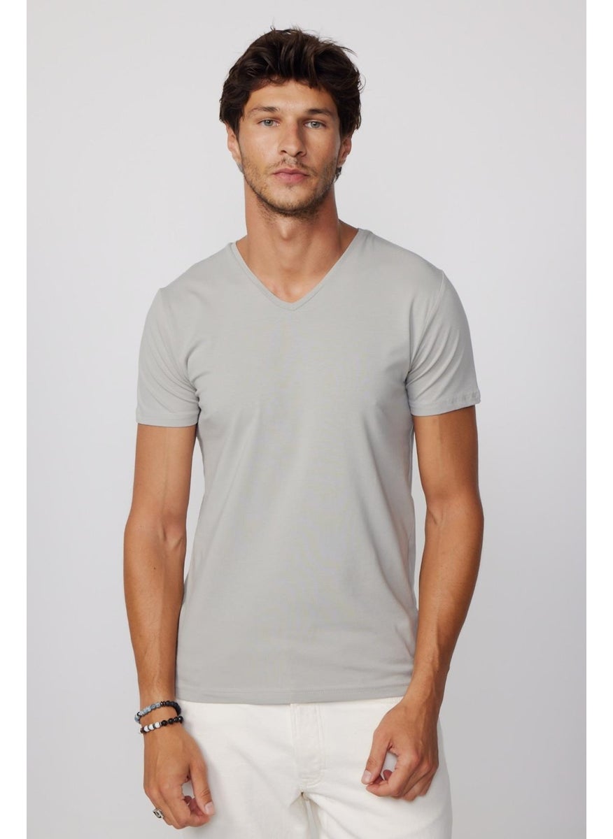 Slim Fit V-Neck Plain Basic Short Sleeve Gray T-Shirt