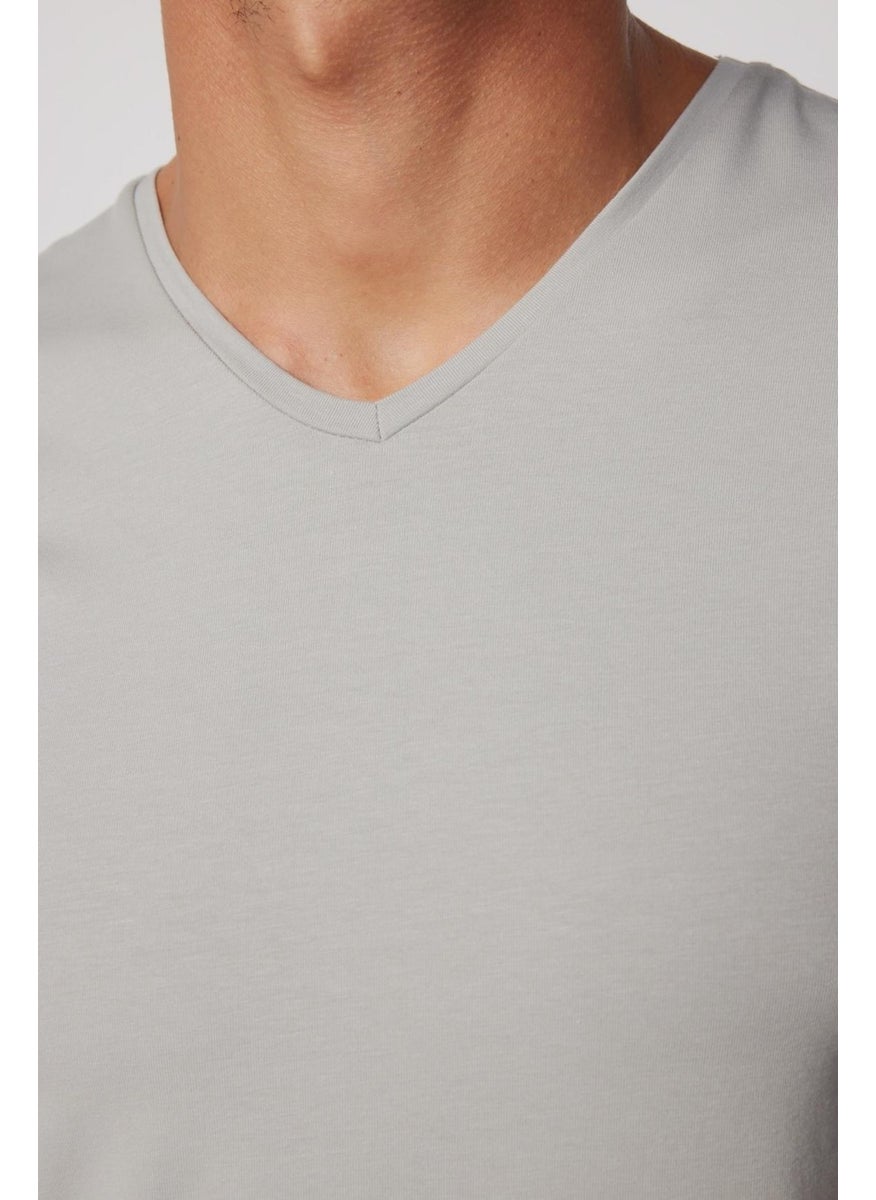 Slim Fit V-Neck Plain Basic Short Sleeve Gray T-Shirt