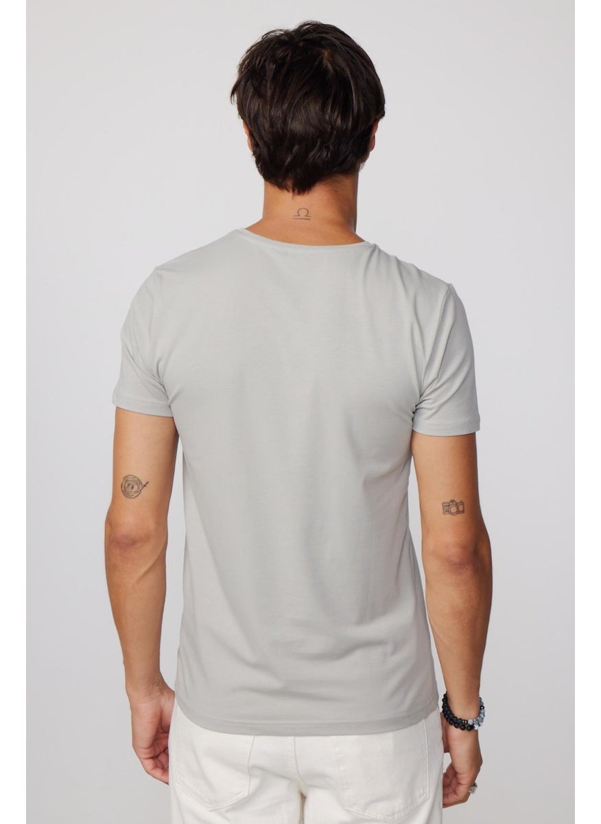 Slim Fit V-Neck Plain Basic Short Sleeve Gray T-Shirt