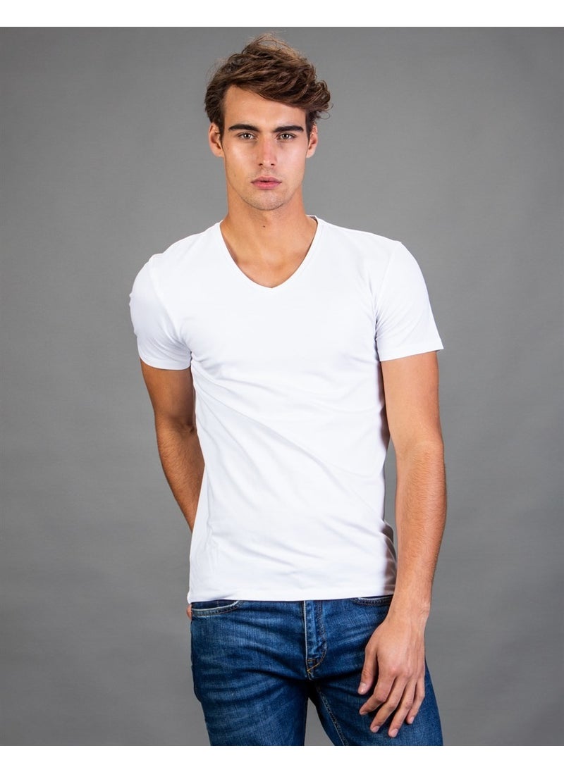 V-Neck Lycra Plain White T-Shirt